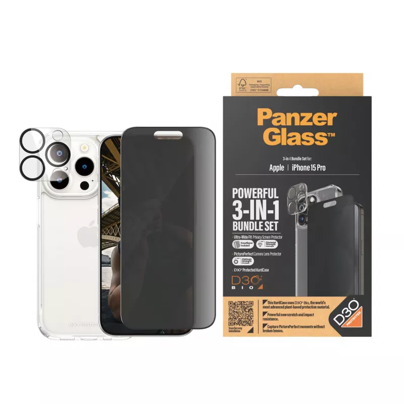 PanzerGlass Privacy confezione 3-in-1 iPhone 15 Pro vetro temperato antishock