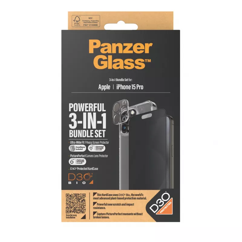 PanzerGlass Privacy confezione 3-in-1 iPhone 15 Pro vetro temperato antishock