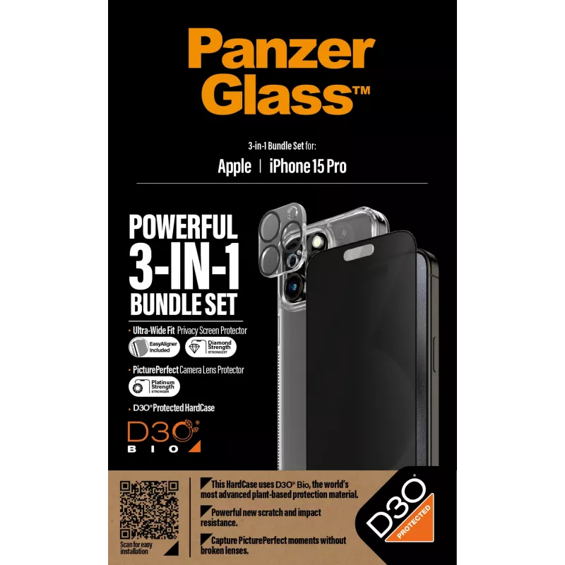 PanzerGlass Privacy confezione 3-in-1 iPhone 15 Pro vetro temperato antishock