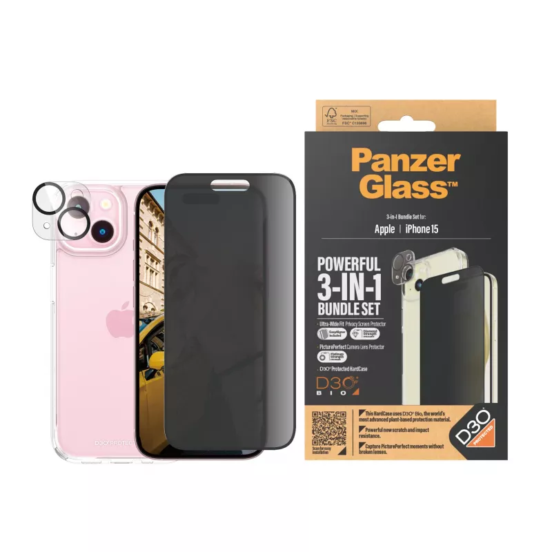 PanzerGlass ® Privacy confezione 3-in-1 iPhone 15 vetro temperato antishock