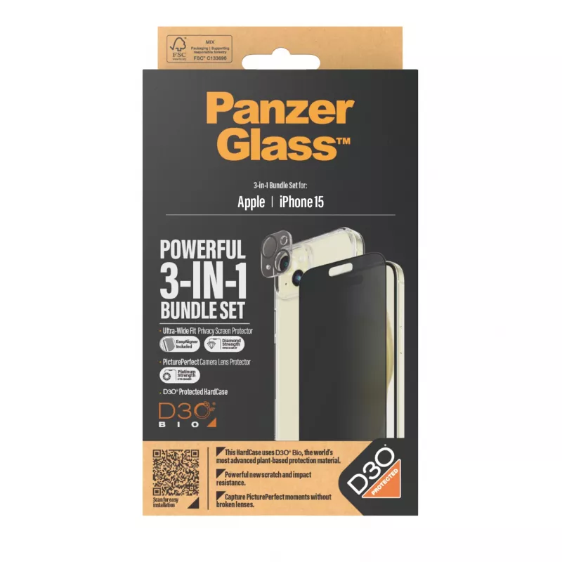 PanzerGlass ® Privacy confezione 3-in-1 iPhone 15 vetro temperato antishock