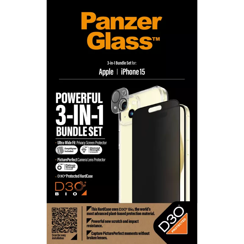 PanzerGlass ® Privacy confezione 3-in-1 iPhone 15 vetro temperato antishock