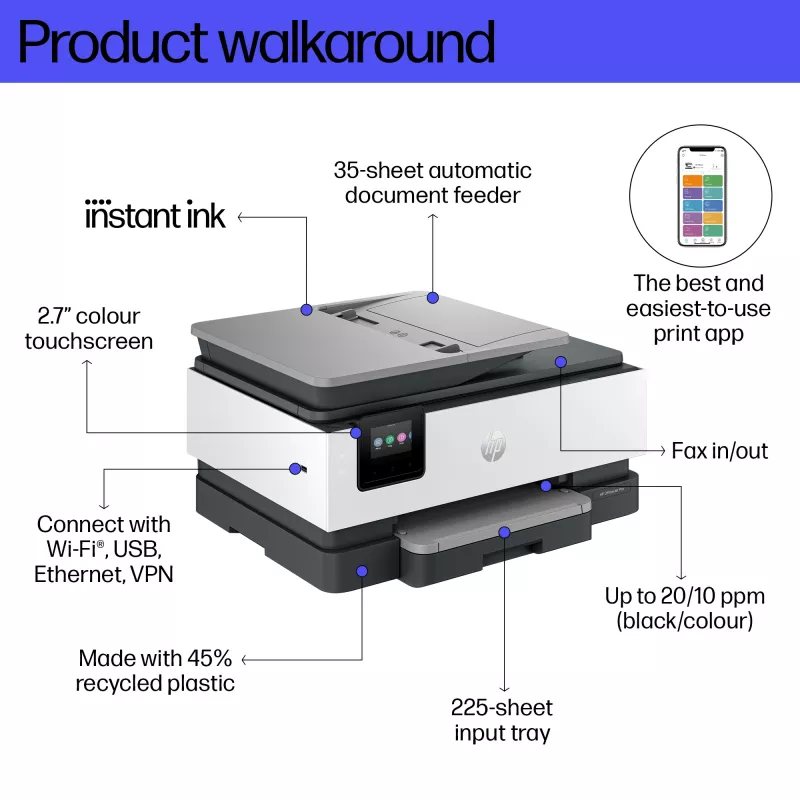 HP OfficeJet Pro 8134e stampante all-in-one a colori wireless, Instant Ink; stampa fronte-retro
