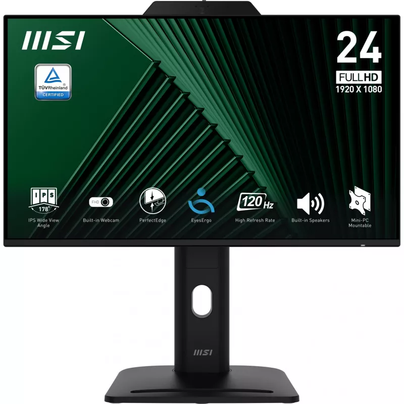 MSI PRO MP242PMGDE monitor 23,8 pollici (60,5 cm), Full HD 1920x1080, IPS, 120 Hz, 1 ms, webcam, microfono, hub USB, HDMI, DP, VGA, nero