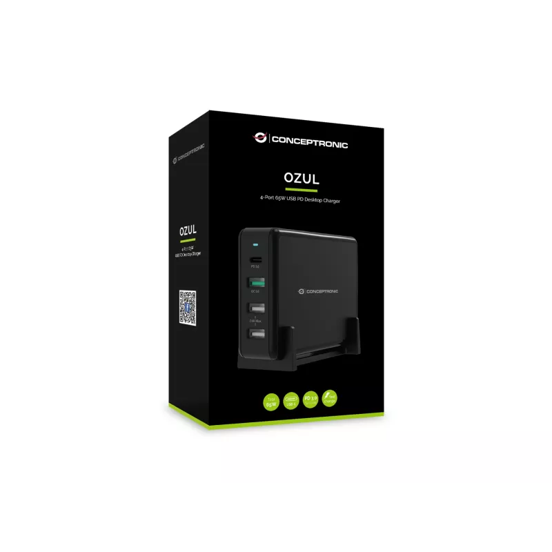 Conceptronic OZUL caricabatterie da tavolo 4 porte 65W USB PD, per interni, AC, 5 V, nero