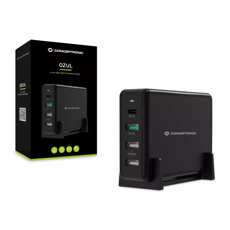 Conceptronic OZUL caricabatterie da tavolo 4 porte 65W USB PD, per interni, AC, 5 V, nero