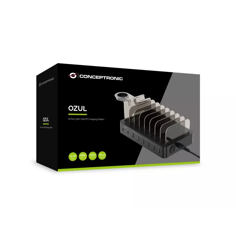 Conceptronic OZUL stazione di ricarica 8 porte 75W USB PD, per interni, AC, 12 V, nero