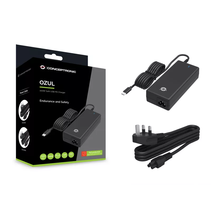 Conceptronic OZUL03BUK caricabatterie da tavolo 100W GaN USB PD, cavo USB-C integrato, spina UK