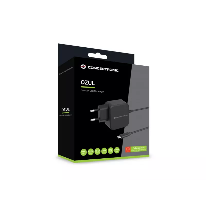 Conceptronic OZUL04BE caricabatterie 67W GaN USB PD, cavo USB-C integrato