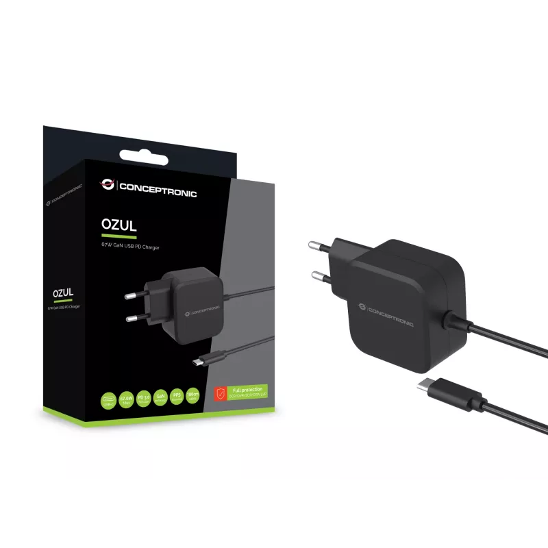 Conceptronic OZUL04BE caricabatterie 67W GaN USB PD, cavo USB-C integrato