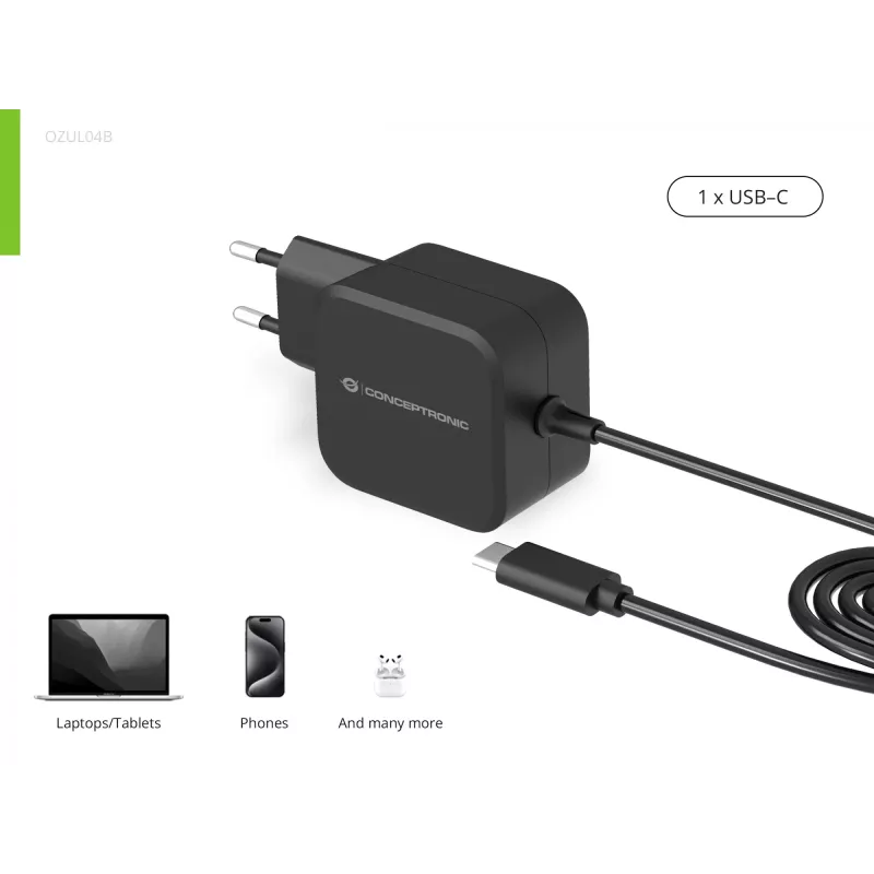 Conceptronic OZUL04BE caricabatterie 67W GaN USB PD, cavo USB-C integrato