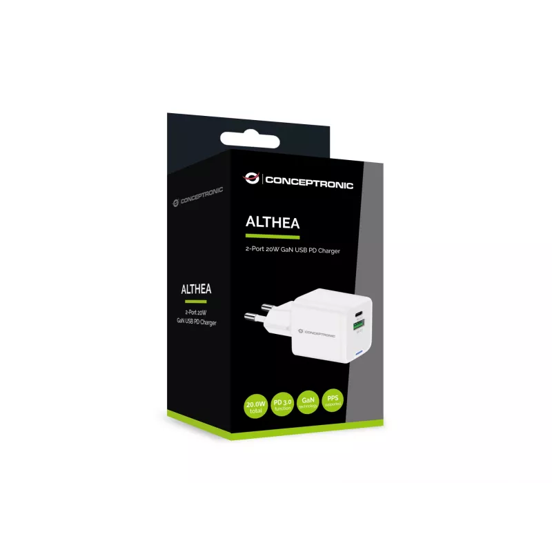 Conceptronic caricabatterie 2 porte 20W GaN USB PD, USB-C x 1, USB-A x 1 ALTHEA15W
