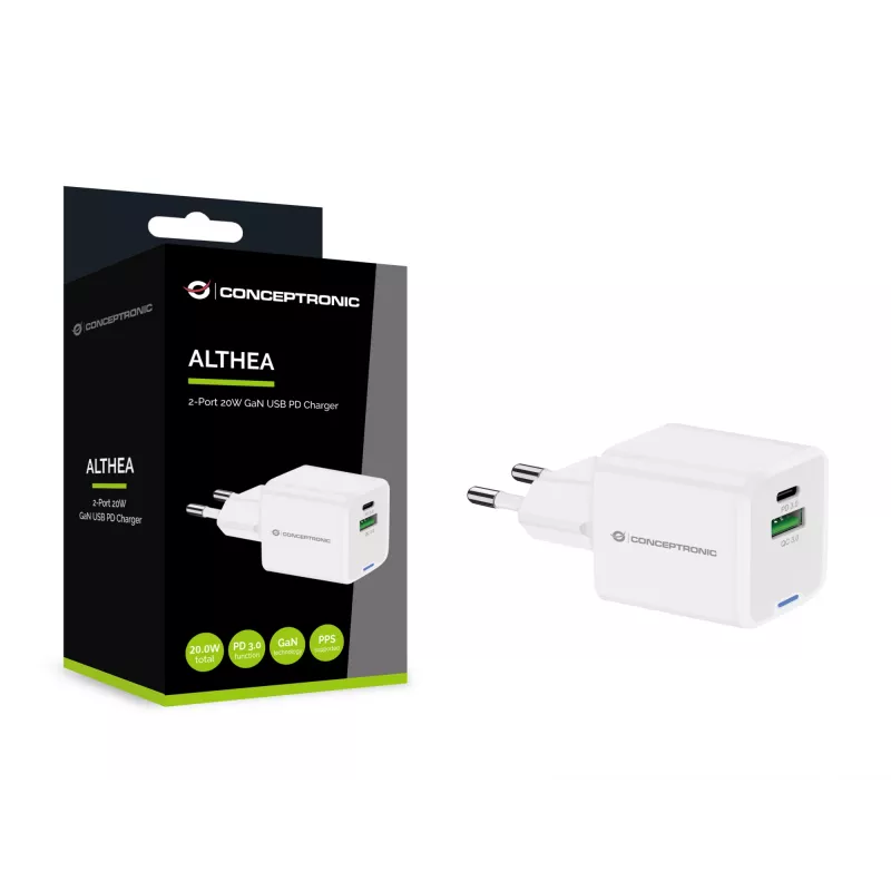 Conceptronic caricabatterie 2 porte 20W GaN USB PD, USB-C x 1, USB-A x 1 ALTHEA15W