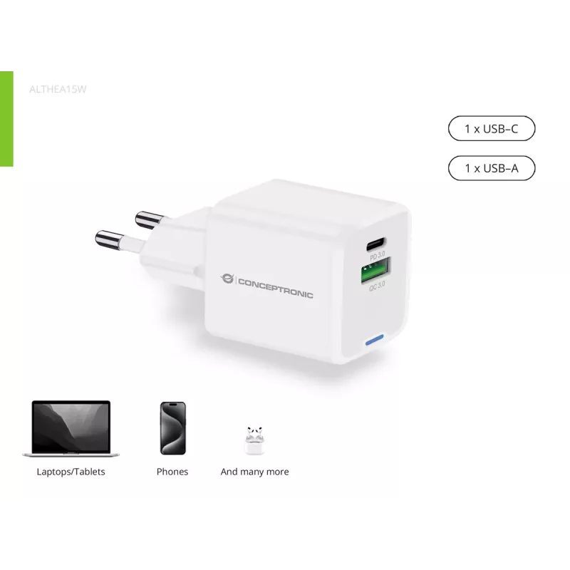 Conceptronic caricabatterie 2 porte 20W GaN USB PD, USB-C x 1, USB-A x 1 ALTHEA15W