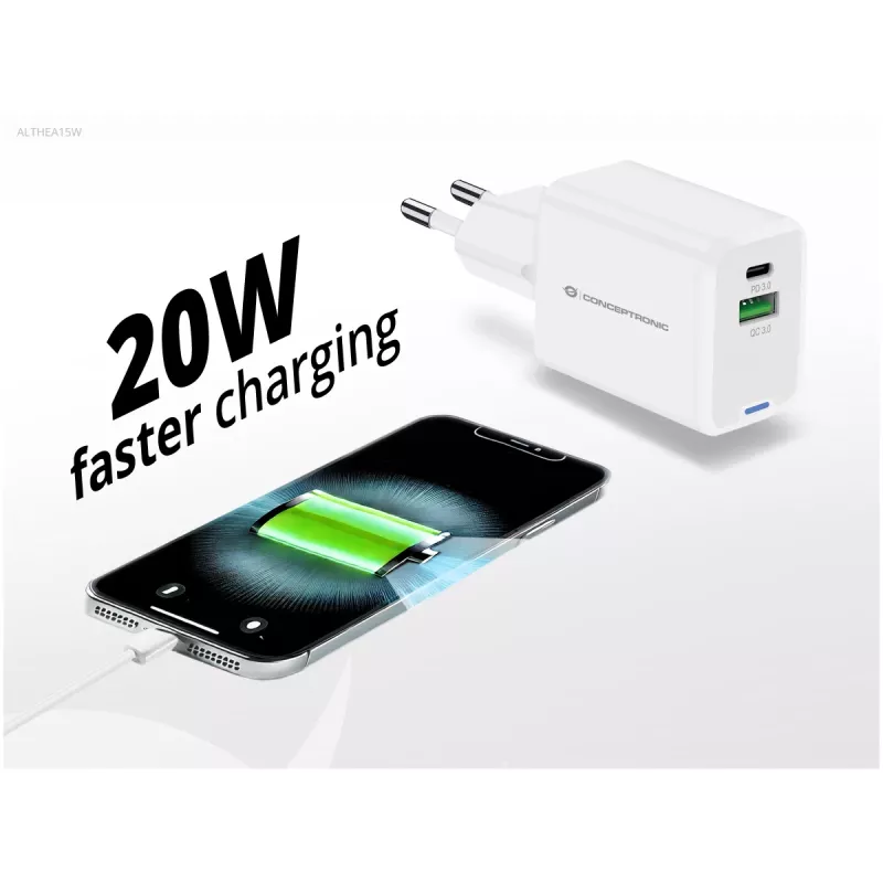Conceptronic caricabatterie 2 porte 20W GaN USB PD, USB-C x 1, USB-A x 1 ALTHEA15W