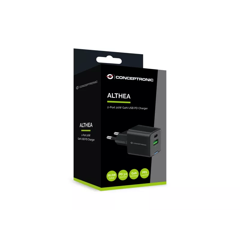 Conceptronic caricabatterie 2 porte 20W GaN USB PD, USB-C x 1, USB-A x 1, QC 3.0, PPS
