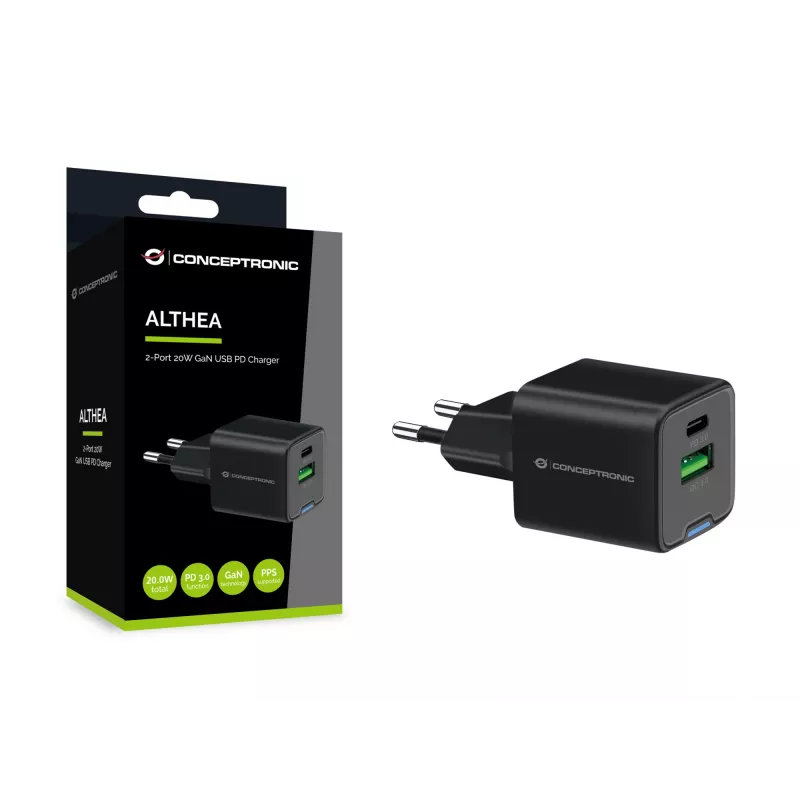 Conceptronic caricabatterie 2 porte 20W GaN USB PD, USB-C x 1, USB-A x 1, QC 3.0, PPS