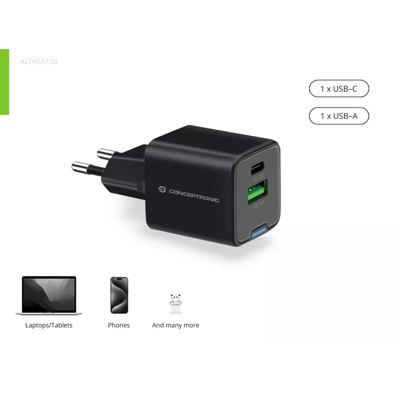 Conceptronic caricabatterie 2 porte 20W GaN USB PD, USB-C x 1, USB-A x 1, QC 3.0, PPS