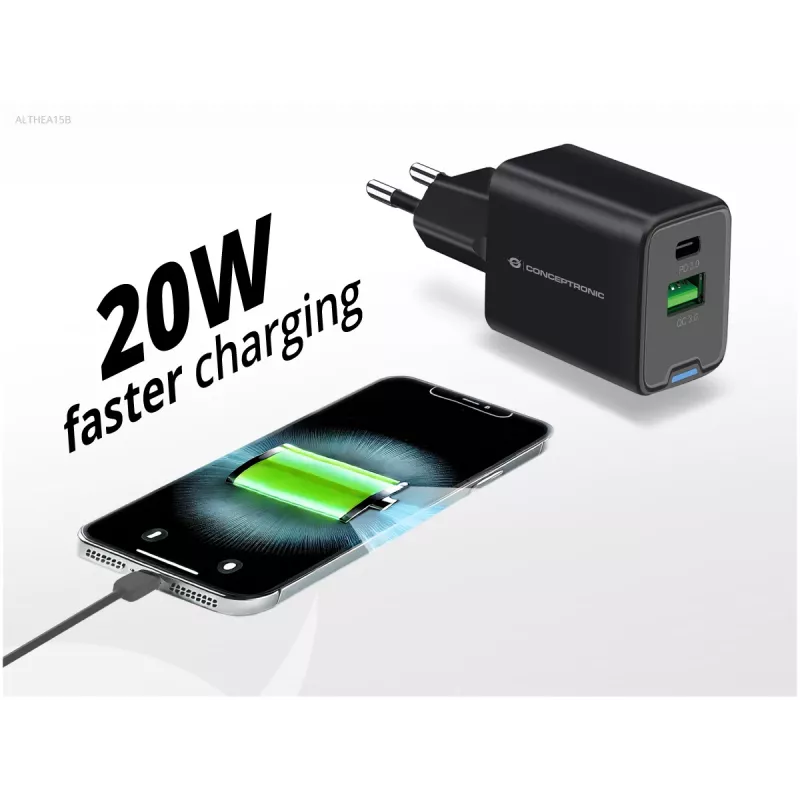 Conceptronic caricabatterie 2 porte 20W GaN USB PD, USB-C x 1, USB-A x 1, QC 3.0, PPS
