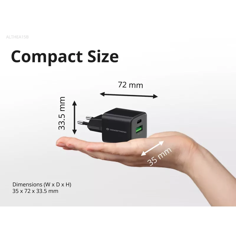 Conceptronic caricabatterie 2 porte 20W GaN USB PD, USB-C x 1, USB-A x 1, QC 3.0, PPS