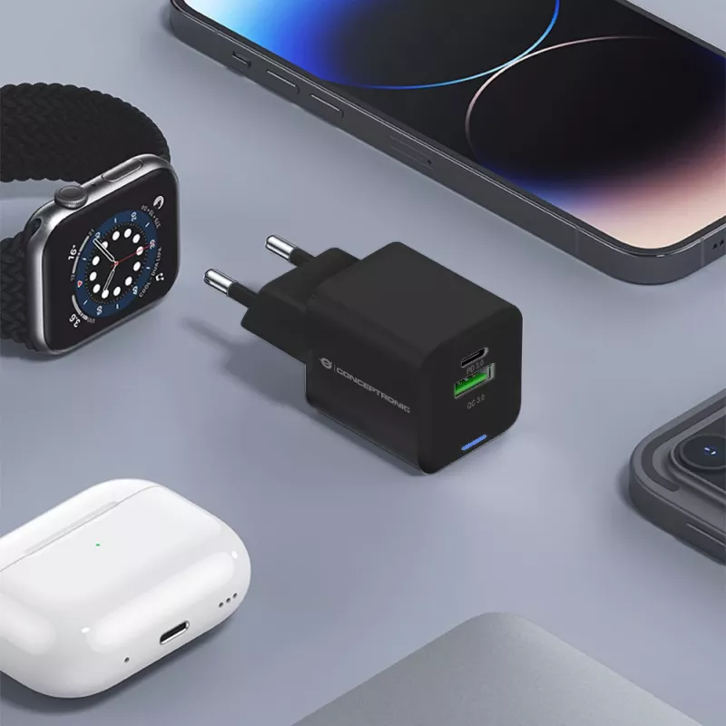 Conceptronic caricabatterie 2 porte 20W GaN USB PD, USB-C x 1, USB-A x 1, QC 3.0, PPS