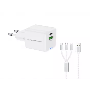 Conceptronic caricabatterie 2 porte 33W GaN USB PD con cavo di ricarica 3-in-1, USB-C x 1, USB-A x 1, QC 3.0, PPS
