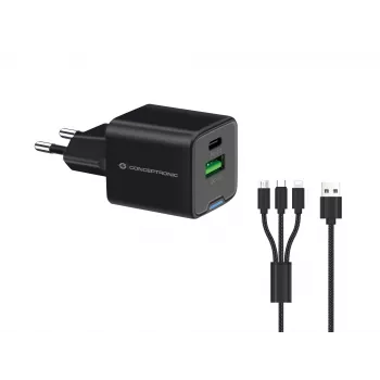 Conceptronic caricabatterie 2 porte 33W GaN USB PD con cavo di ricarica 3-in-1, USB-C x 1, USB-A x 1, QC 3.0, PPS