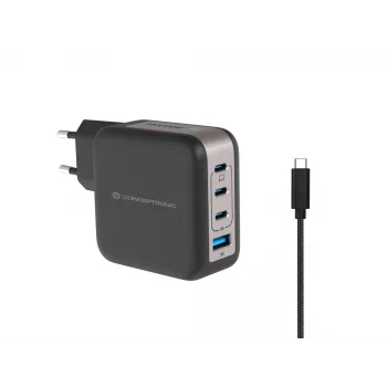 Conceptronic caricabatterie 4 porte 100W GaN USB PD con cavo di ricarica USB-C, USB-C x 3, USB-A x 1, QC 3.0, PPS