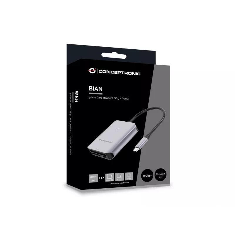 Conceptronic BIAN09G lettore di schede 3-in-1 USB 3.2 Gen 2, CFast 2.0, SD TF/MicroSD 4.0, UHS-II