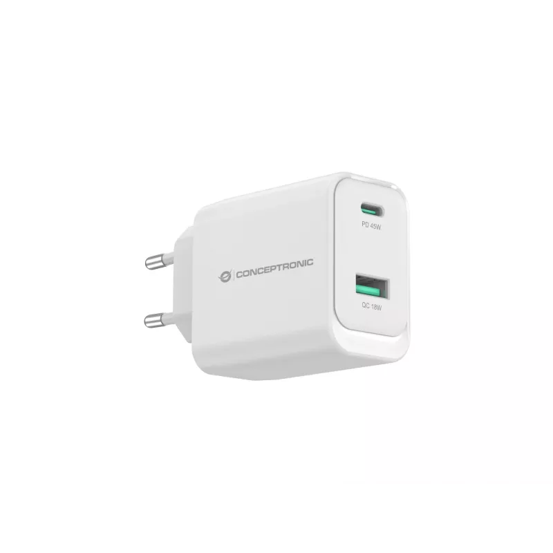 Conceptronic ALTHEA20W45 caricabatterie 2 porte 45W GaN USB PD, USB-C x 1, USB-A x 1, QC 3.0, PPS, PD 3.0