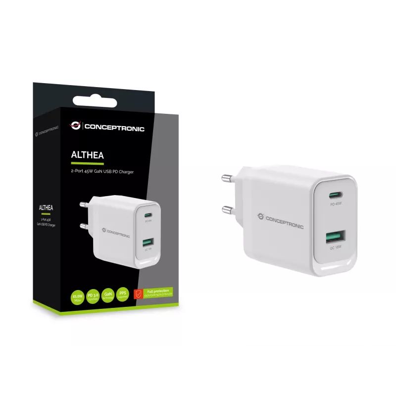 Conceptronic ALTHEA20W45 caricabatterie 2 porte 45W GaN USB PD, USB-C x 1, USB-A x 1, QC 3.0, PPS, PD 3.0