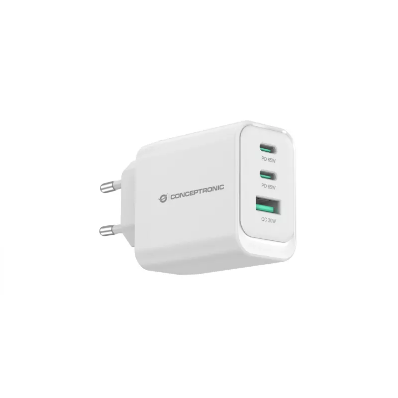 Caricabatterie Conceptronic ALTHEA21W65 3 porte 65W GaN USB PD, USB-C x 2, USB-A x 1, QC 3.0, PPS, PD 3.0