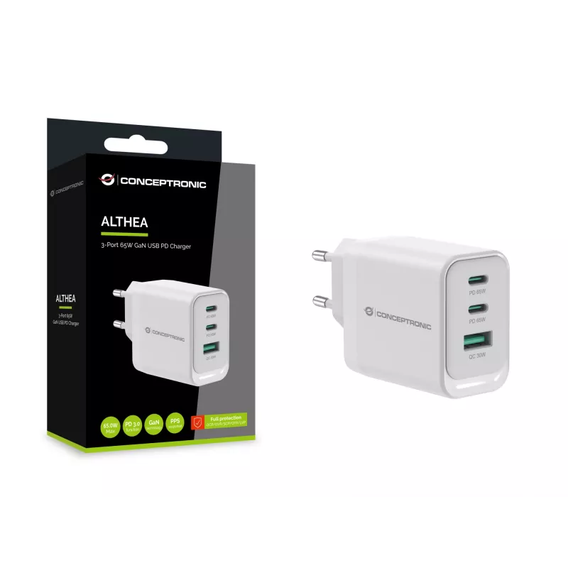 Caricabatterie Conceptronic ALTHEA21W65 3 porte 65W GaN USB PD, USB-C x 2, USB-A x 1, QC 3.0, PPS, PD 3.0