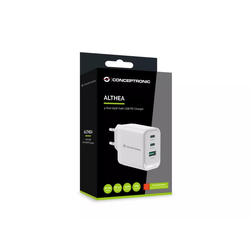 Caricabatterie Conceptronic ALTHEA21W65 3 porte 65W GaN USB PD, USB-C x 2, USB-A x 1, QC 3.0, PPS, PD 3.0