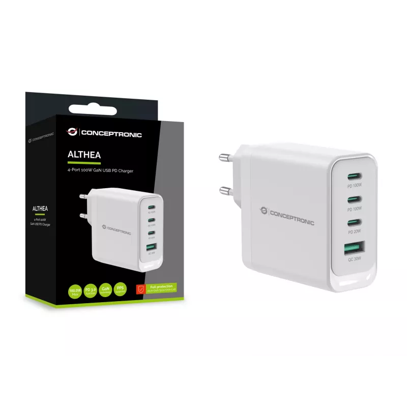 Caricabatterie Conceptronic ALTHEA22W100 4 porte 100W GaN USB PD, USB-C x 3, USB-A x 1, QC 3.0, PPS, PD 3.0
