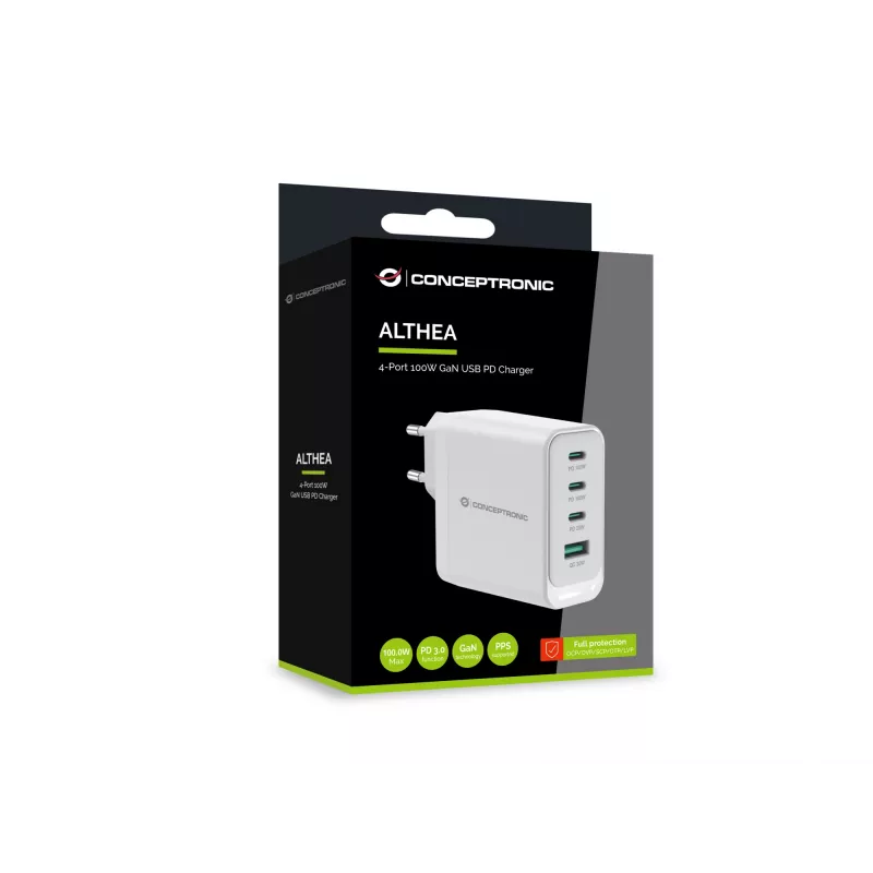 Caricabatterie Conceptronic ALTHEA22W100 4 porte 100W GaN USB PD, USB-C x 3, USB-A x 1, QC 3.0, PPS, PD 3.0