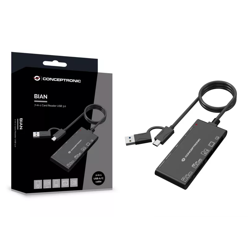 Lettore di schede 7-in-1 CONCEPTRONIC BIAN10B — USB 3.2 Gen 1 Type-A/Type-C, CF/MMC/MS/SD/MicroSD/xD, nero