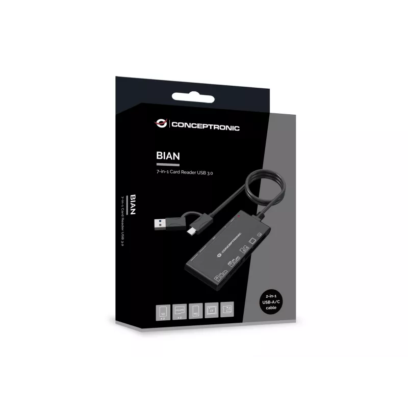 Lettore di schede 7-in-1 CONCEPTRONIC BIAN10B — USB 3.2 Gen 1 Type-A/Type-C, CF/MMC/MS/SD/MicroSD/xD, nero