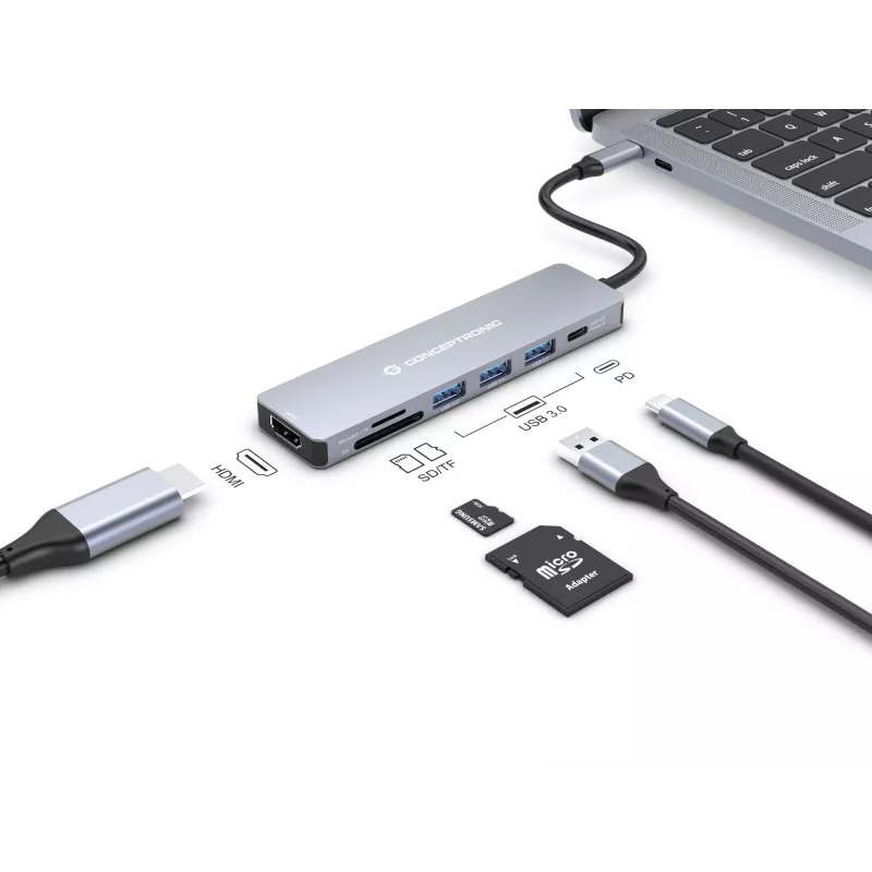 Docking station 7-in-1 Conceptronic DONN19G USB 3.2 Gen 1, HDMI, USB-A 3.0 x 3, SD, TF/MicroSD, 100W USB PD