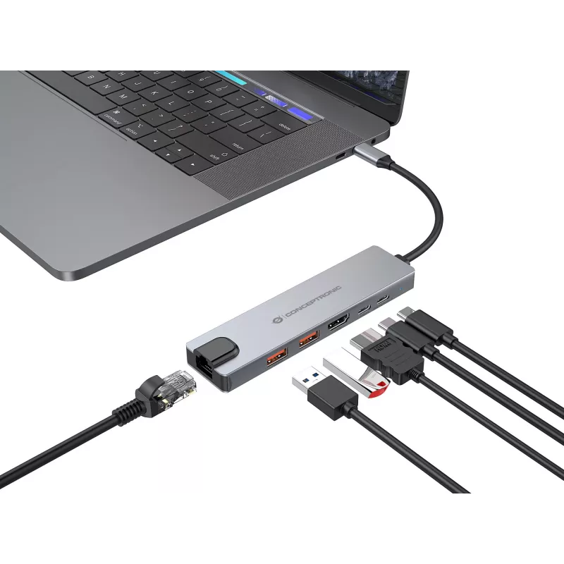 Docking station 6-in-1 Conceptronic DONN29G USB 3.2 Gen 2, HDMI 4K60Hz, USB-A 10Gbps x 2, USB-C 10Gbps, GbE LAN, 140W USB PD 3.1
