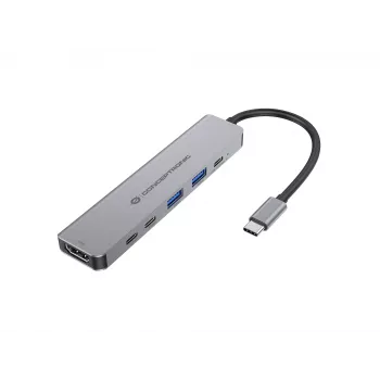 Docking station 6-in-1 USB 3.2 Gen 1 CONCEPTRONIC DONN33G HDMI, 2×USB-A 5Gbps, 2×USB-C 5Gbps, 100W USB PD, argento