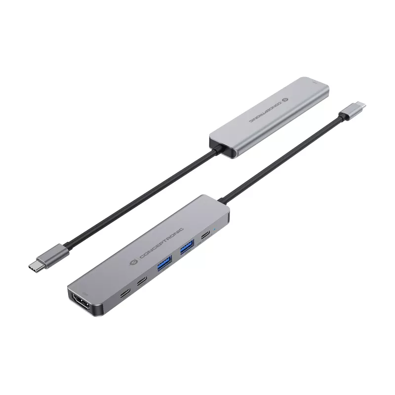 Docking station 6-in-1 USB 3.2 Gen 1 CONCEPTRONIC DONN33G HDMI, 2×USB-A 5Gbps, 2×USB-C 5Gbps, 100W USB PD, argento