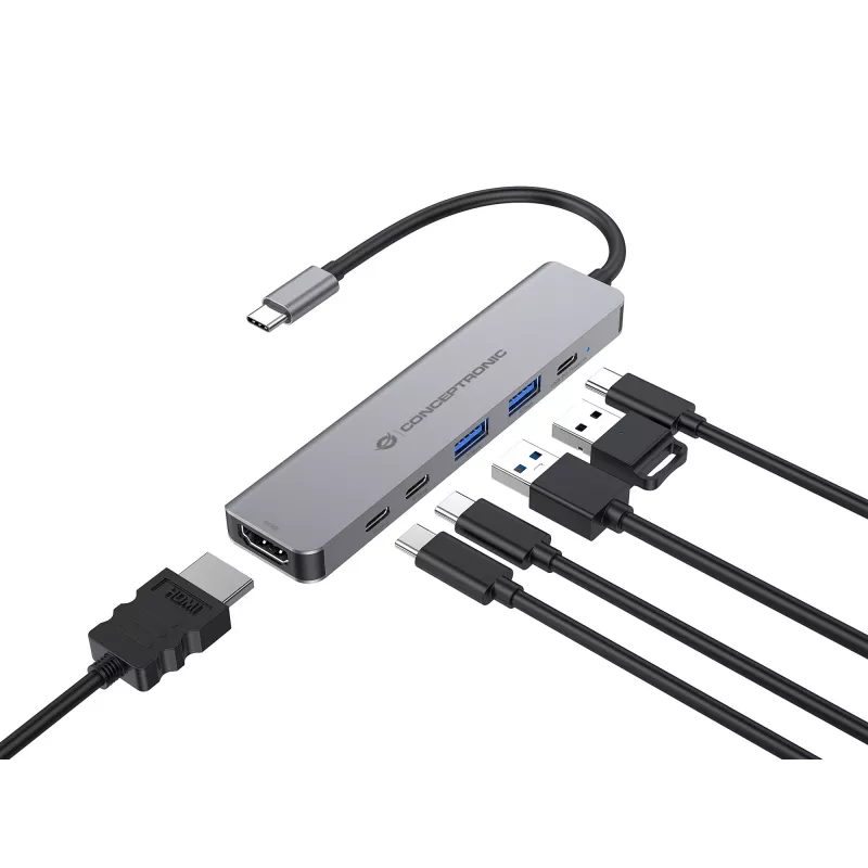 Docking station 6-in-1 USB 3.2 Gen 1 CONCEPTRONIC DONN33G HDMI, 2×USB-A 5Gbps, 2×USB-C 5Gbps, 100W USB PD, argento