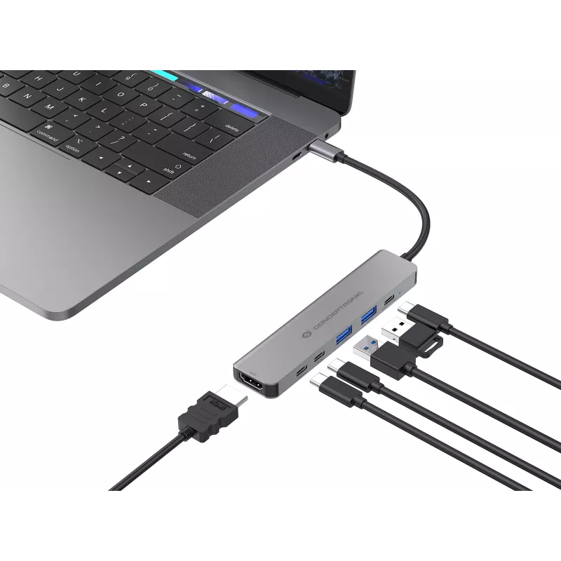 Docking station 6-in-1 USB 3.2 Gen 1 CONCEPTRONIC DONN33G HDMI, 2×USB-A 5Gbps, 2×USB-C 5Gbps, 100W USB PD, argento