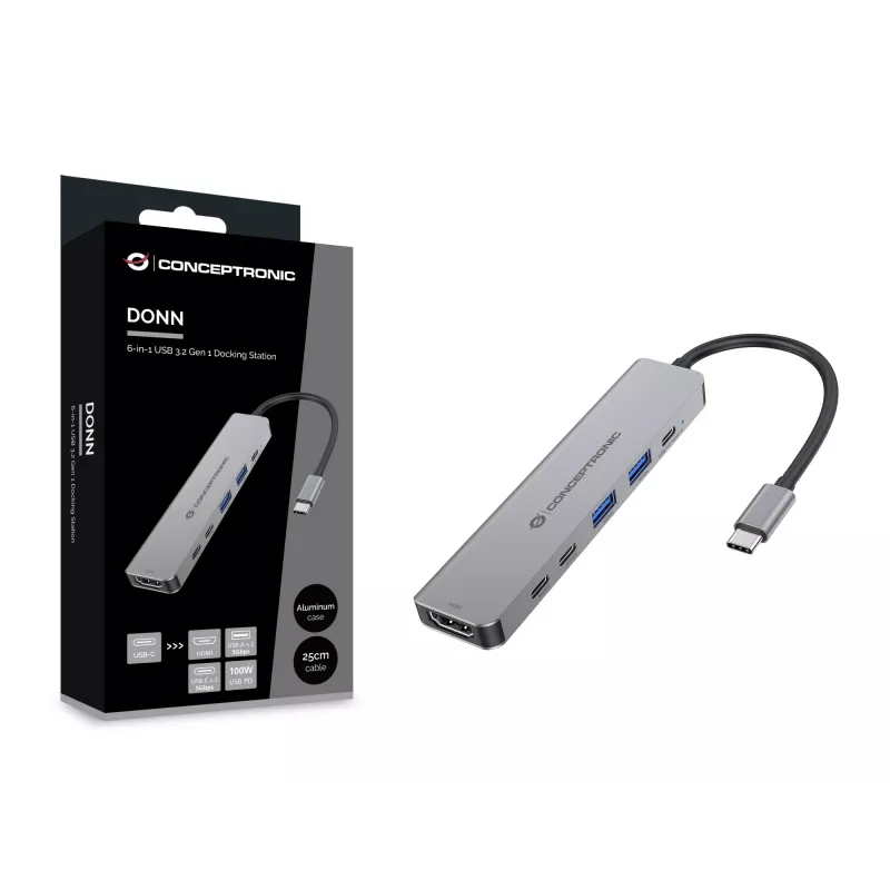 Docking station 6-in-1 USB 3.2 Gen 1 CONCEPTRONIC DONN33G HDMI, 2×USB-A 5Gbps, 2×USB-C 5Gbps, 100W USB PD, argento