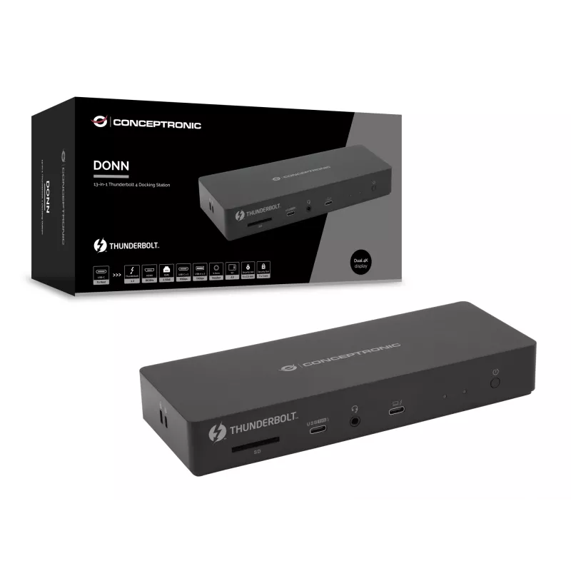 Conceptronic DONN30B base di aggancio Thunderbolt 4 13 in 1, 40 Gbit/s, 96 W, HDMI, 2x USB-A, USB-C, LAN 2,5GbE, lettore di schede SD, nera