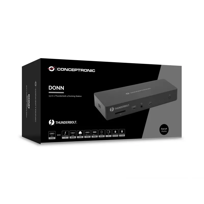 Conceptronic DONN30B base di aggancio Thunderbolt 4 13 in 1, 40 Gbit/s, 96 W, HDMI, 2x USB-A, USB-C, LAN 2,5GbE, lettore di schede SD, nera