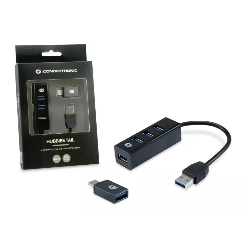Hub USB Conceptronic HUBBIES hub USB 3.0 4 porte con adattatore USB-C OTG