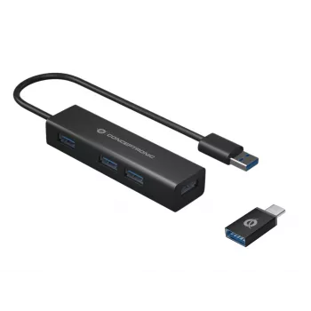 Hub USB 3.0 in alluminio Conceptronic 4 porte con adattatore USB-C a USB-A