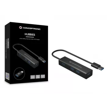 Hub USB 3.0 in alluminio Conceptronic 4 porte con adattatore USB-C a USB-A